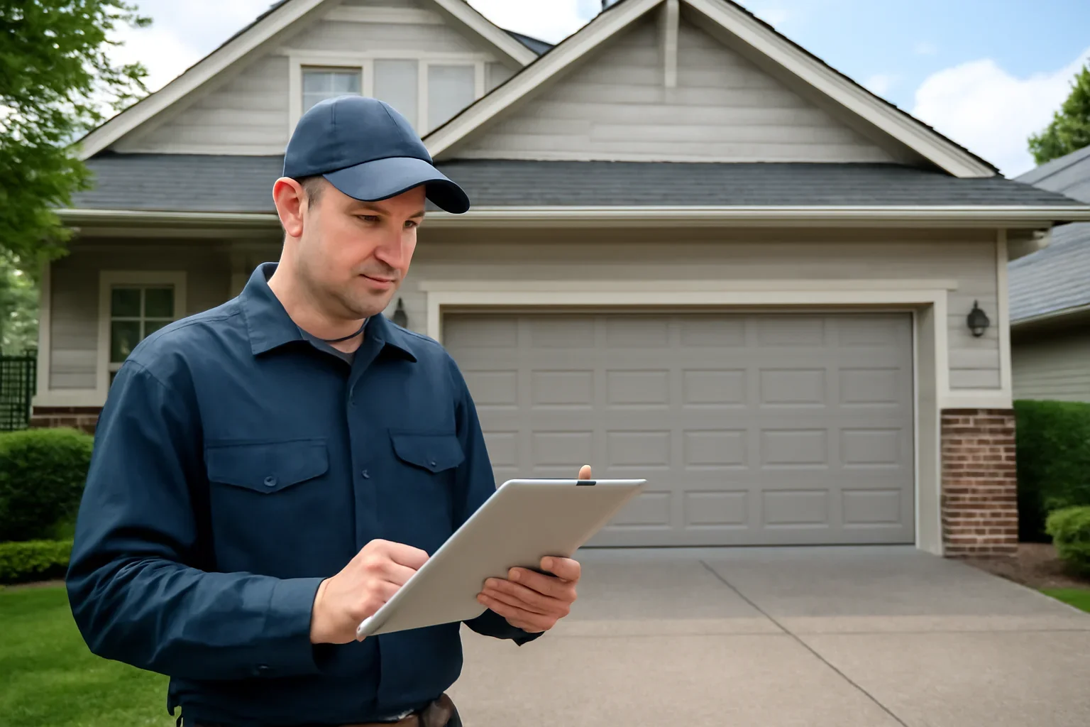 Garage door technician reviewing locations royal heights at a Surrey property