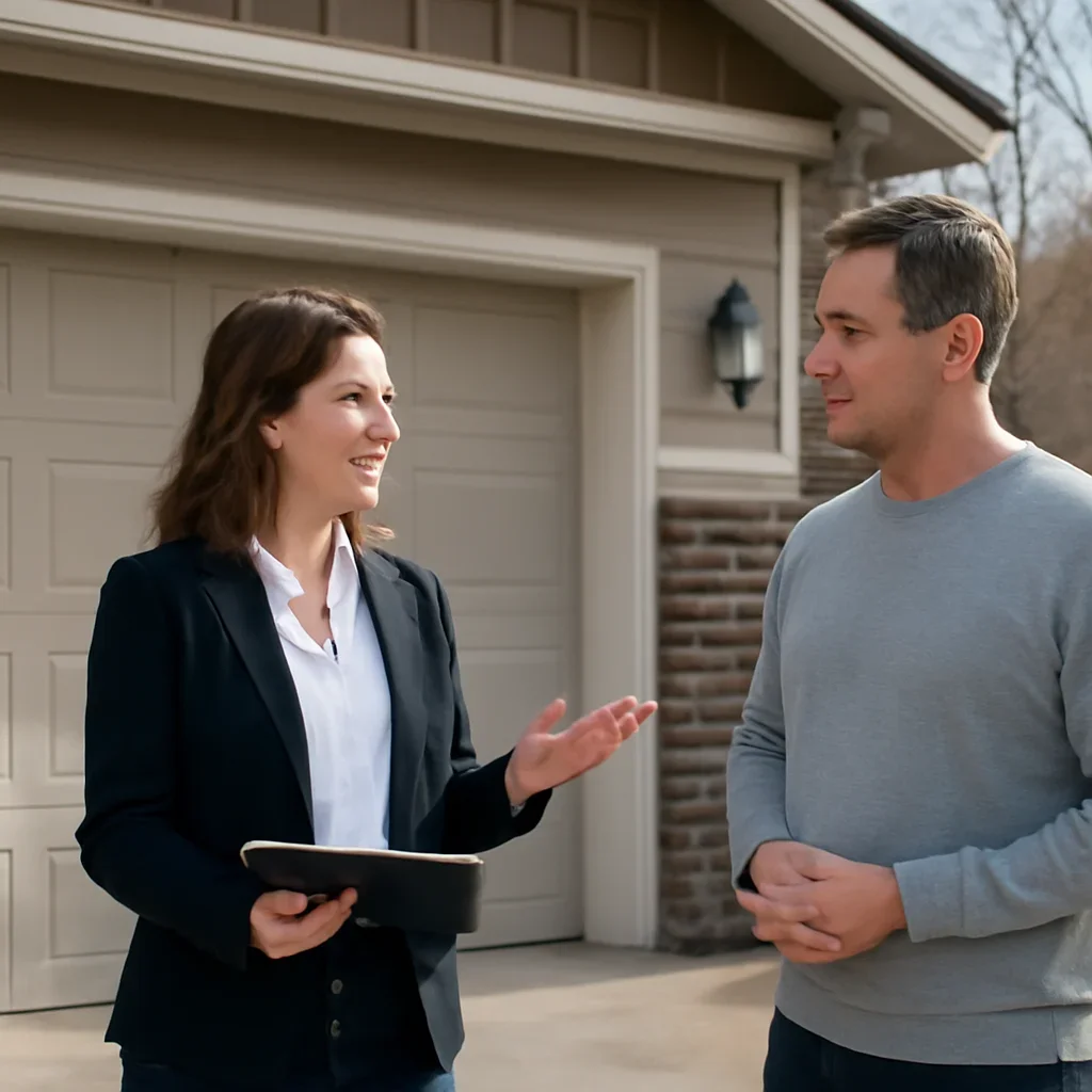 Homeowner or property manager discussing Semiahmoo garage door service in Surrey
