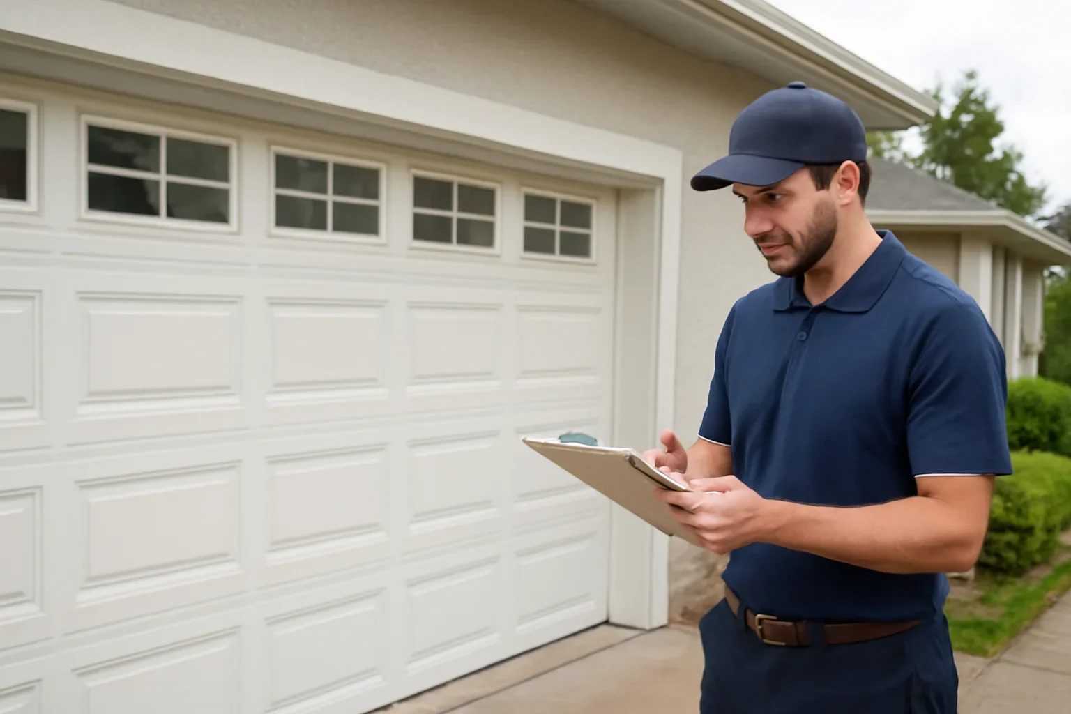 Garage door technician reviewing Semiahmoo garage door service at a Surrey property
