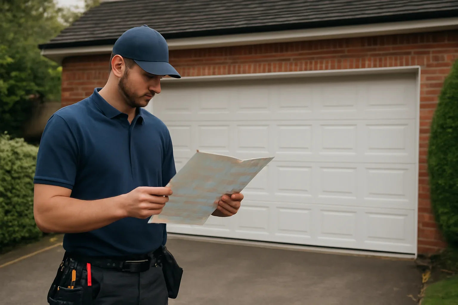 Garage door technician reviewing locations south westminster at a Surrey property