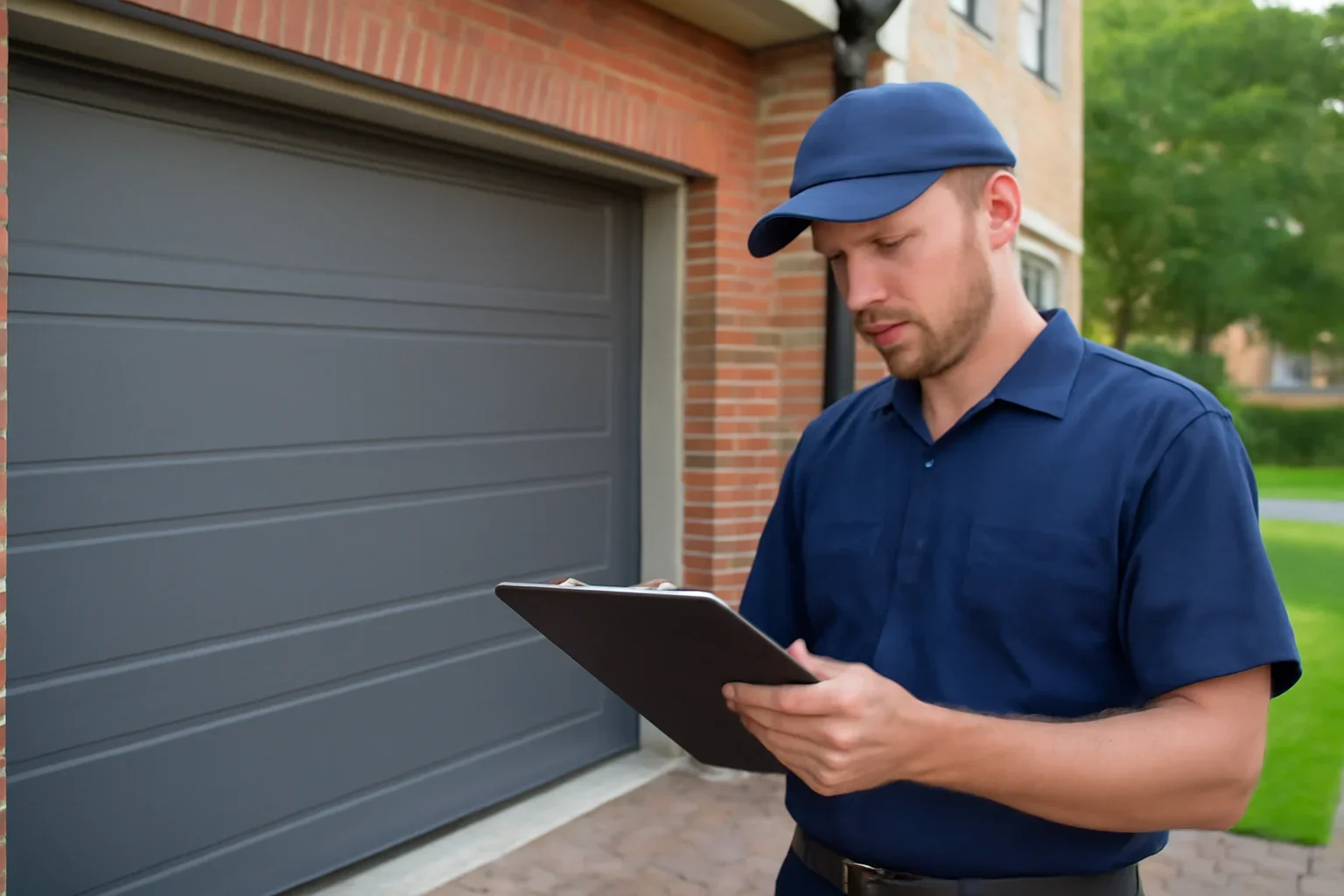 Garage door technician reviewing Strawberry Hill garage door services at a Surrey property
