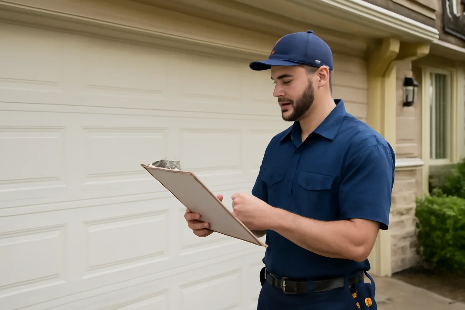 Garage door technician reviewing Sullivan Station garage door service at a Surrey property