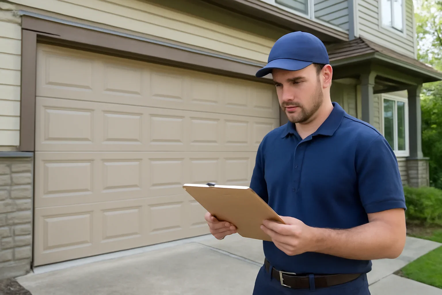 Garage door technician reviewing Sunnyside garage door service at a Surrey property