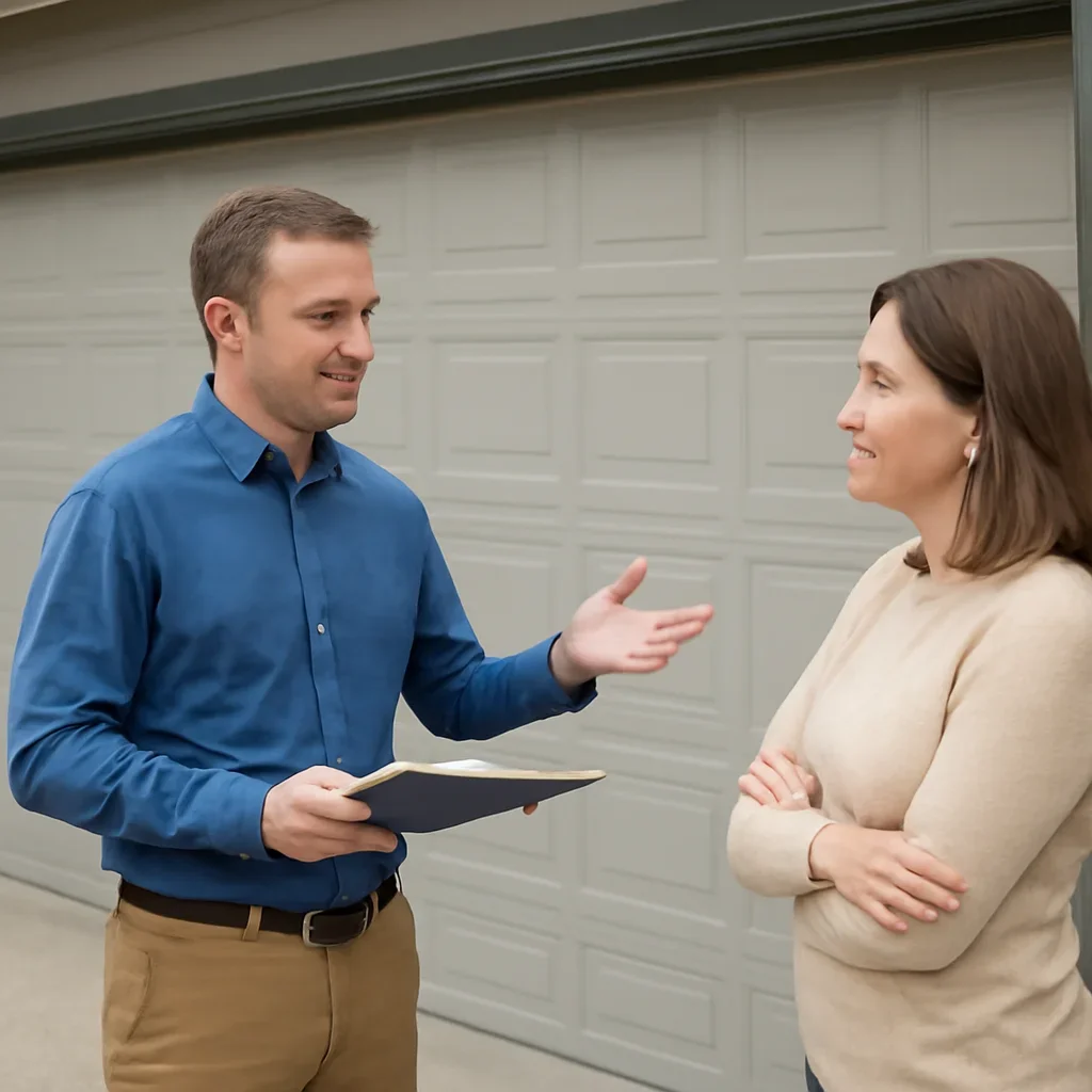 Homeowner or property manager discussing the next step for Tynehead garage door services in Surrey