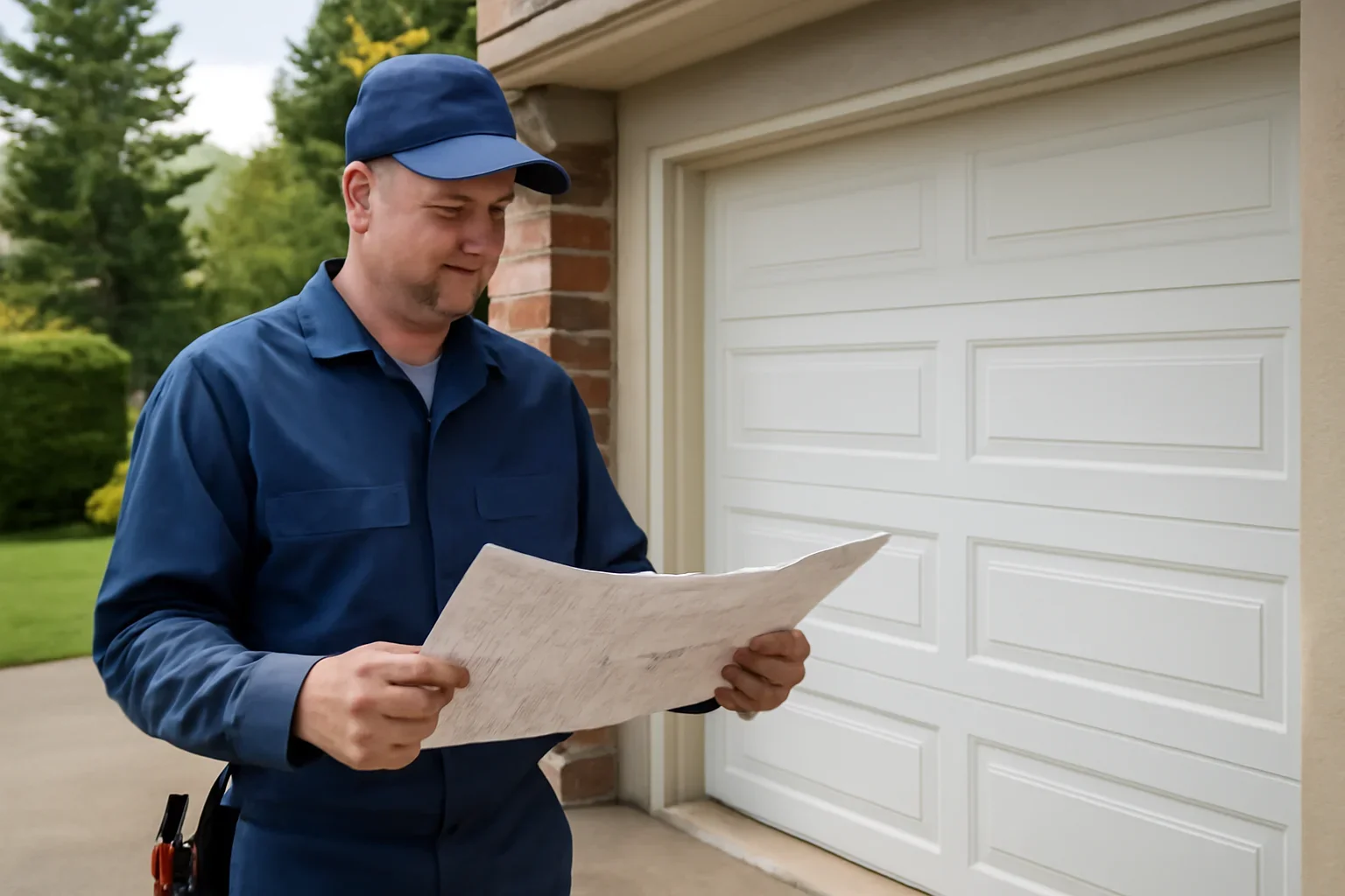 Garage door technician reviewing Tynehead garage door services at a Surrey property