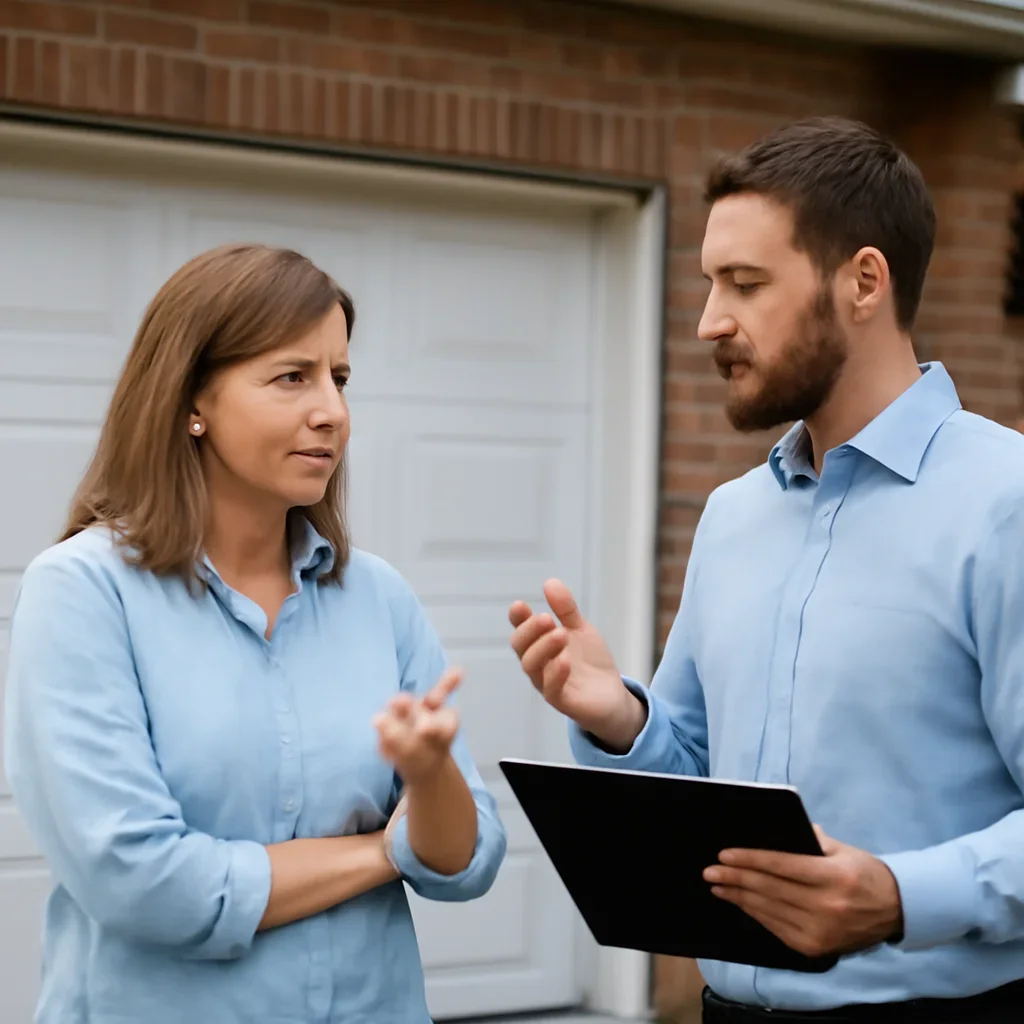 Homeowner or property manager discussing the next step for West Newton garage door services in Surrey
