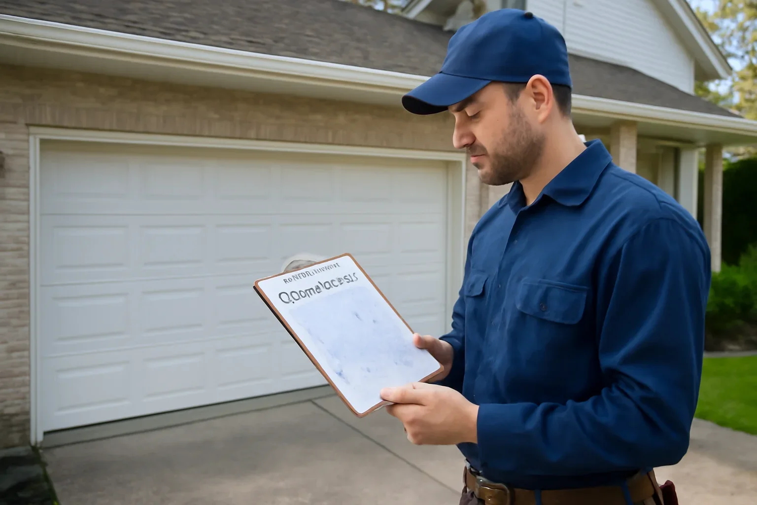 Garage door technician reviewing West Newton garage door services at a Surrey property