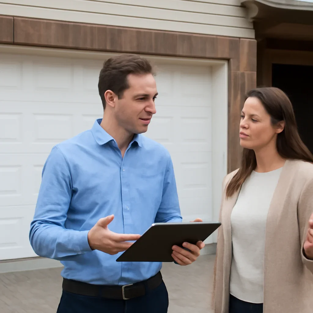 Homeowner or property manager discussing Whalley and Surrey City Centre garage door service in Surrey