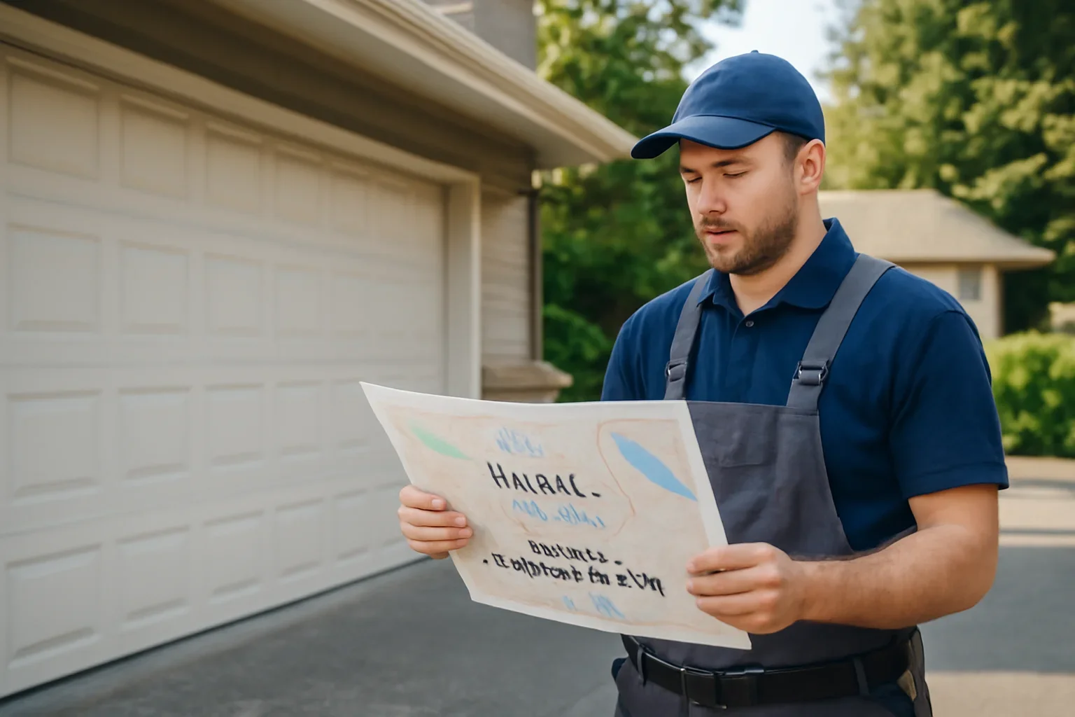 Garage door technician reviewing Whalley and Surrey City Centre garage door service at a Surrey property