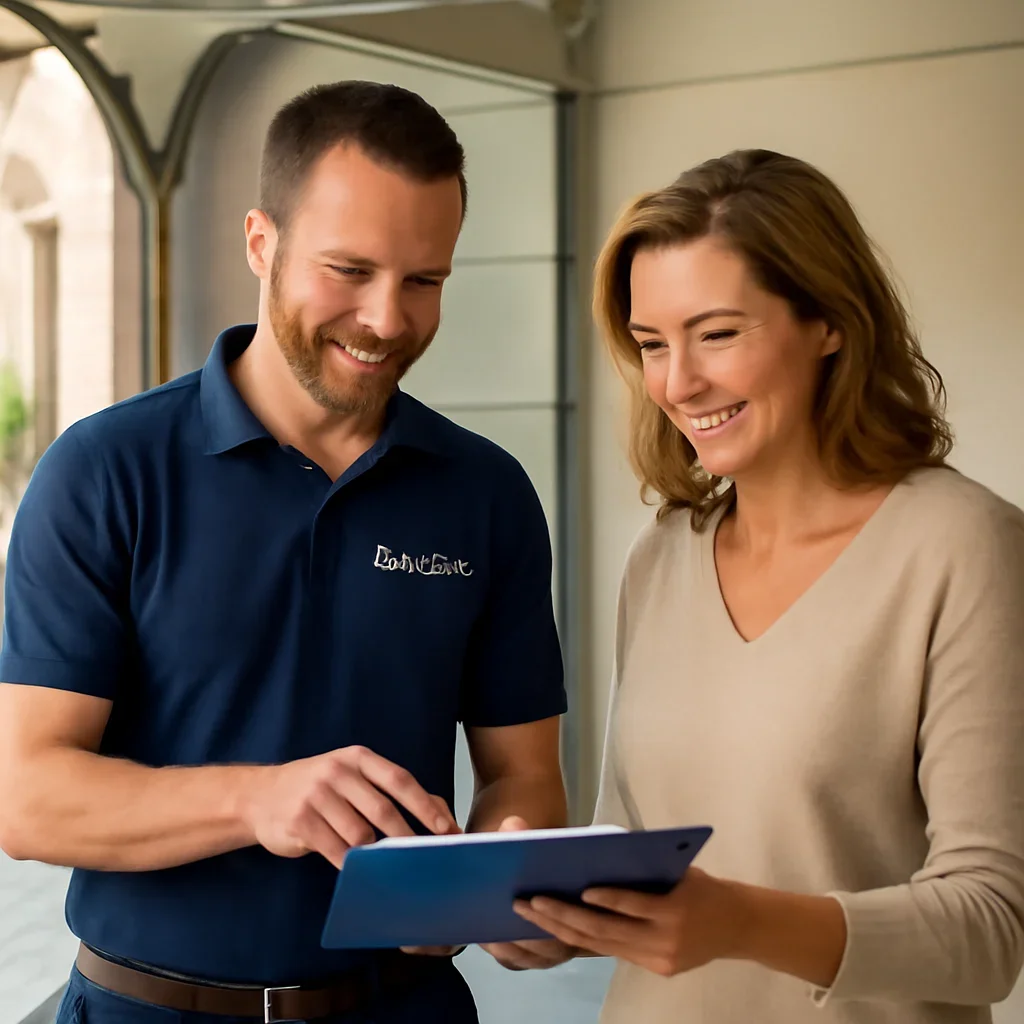 Homeowner reviewing garage door service options with a local specialist in Surrey