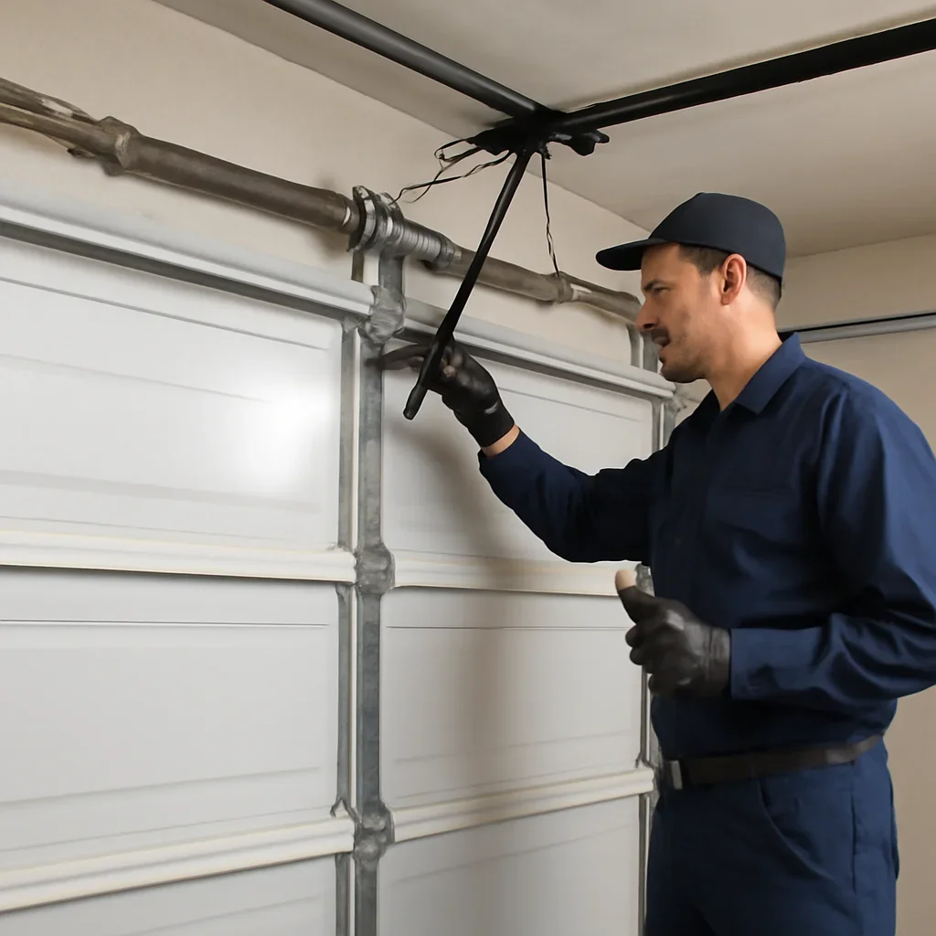 Garage door technician inspecting parts and operation for Modern vs Traditional Garage Doors for Surrey Homes