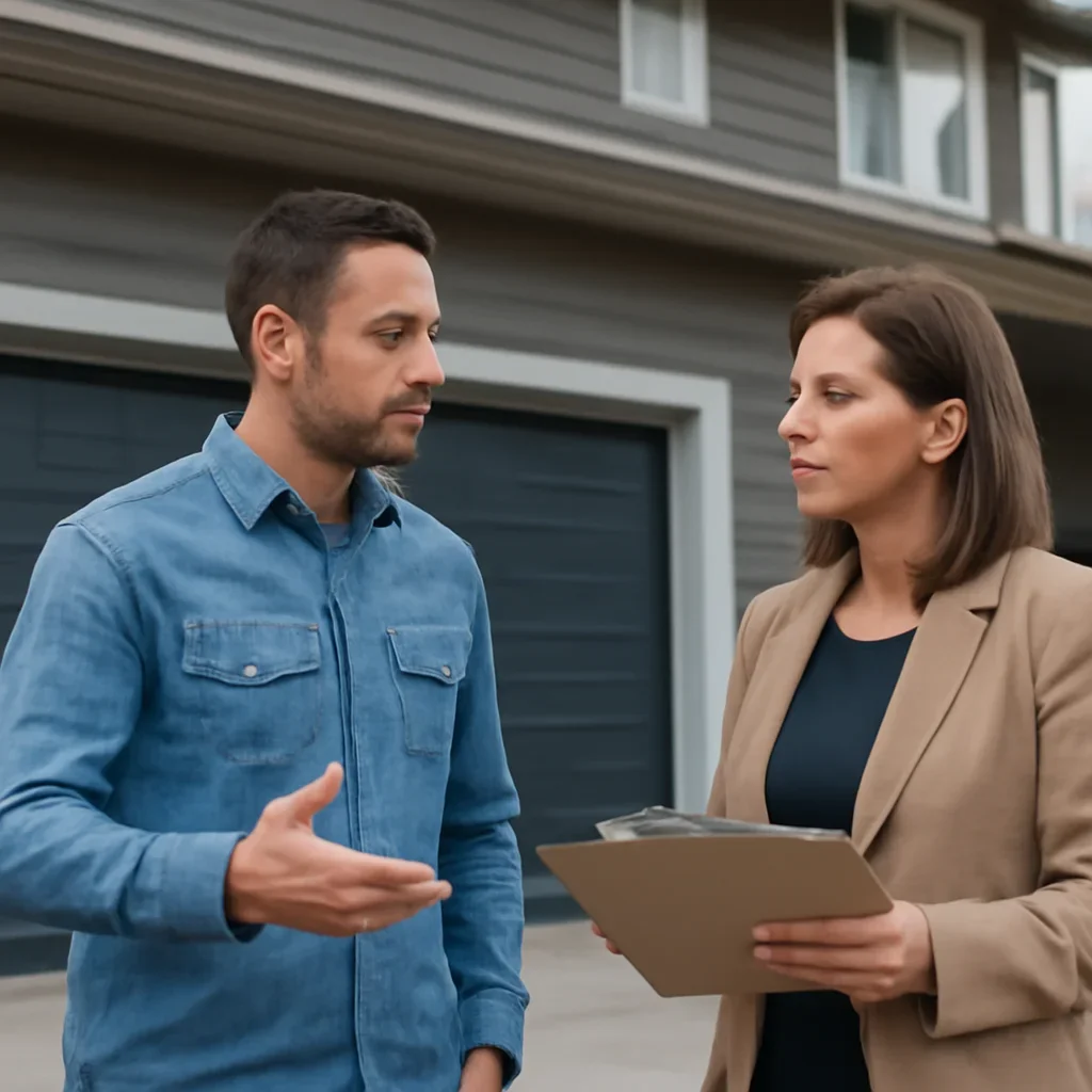 Morgan Heights homeowner discussing garage door repair and replacement options with a Surrey technician