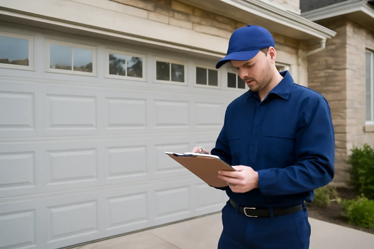 Garage door technician reviewing a garage door problem at a Morgan Heights Surrey home