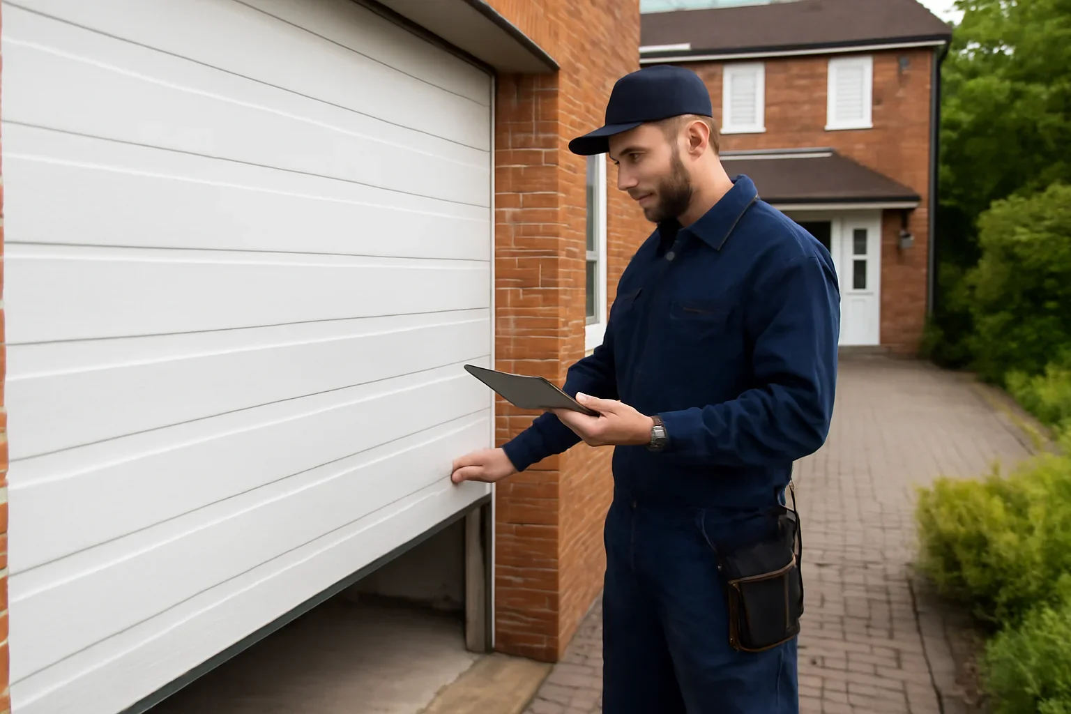 Garage door technician reviewing a garage door problem at a Newton Surrey property