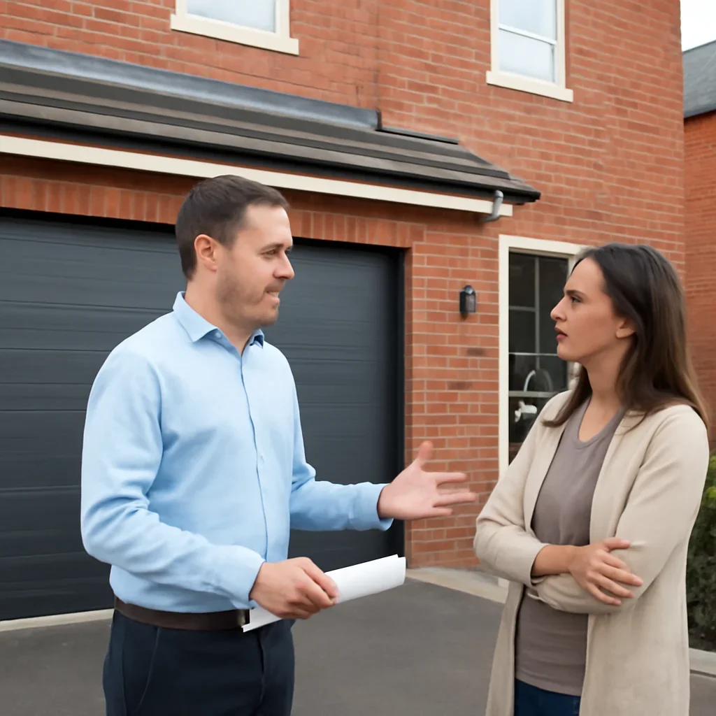 Property manager discussing garage door repair options in Newton Town Centre Surrey