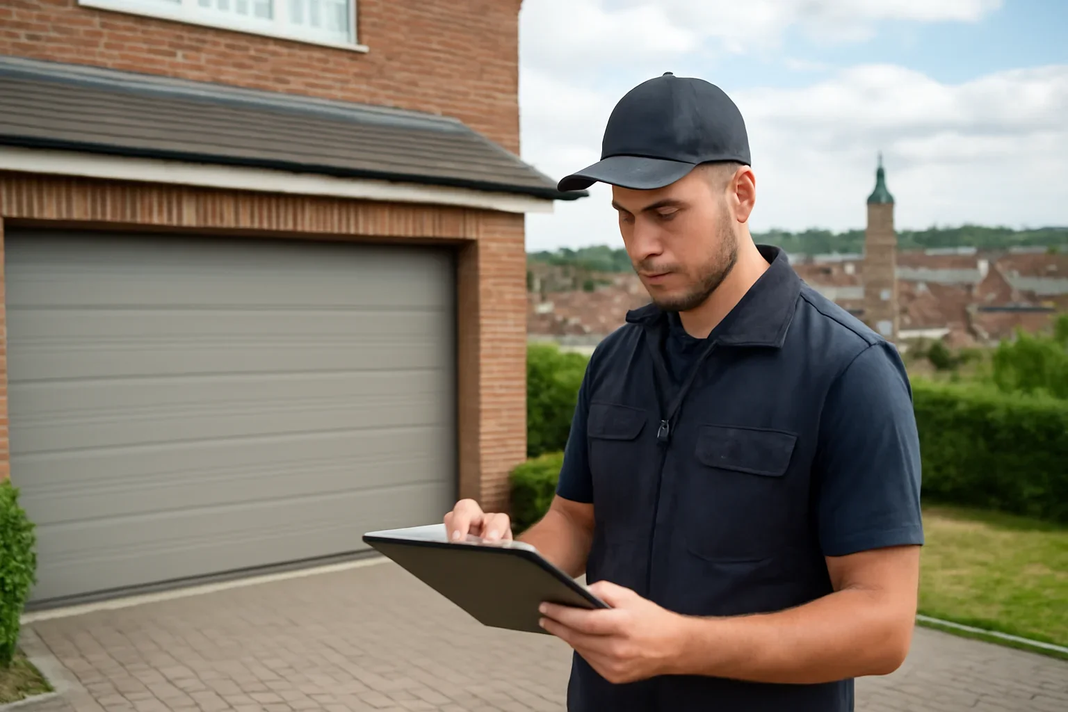Garage door technician assessing a garage door repair issue in Newton Town Centre Surrey