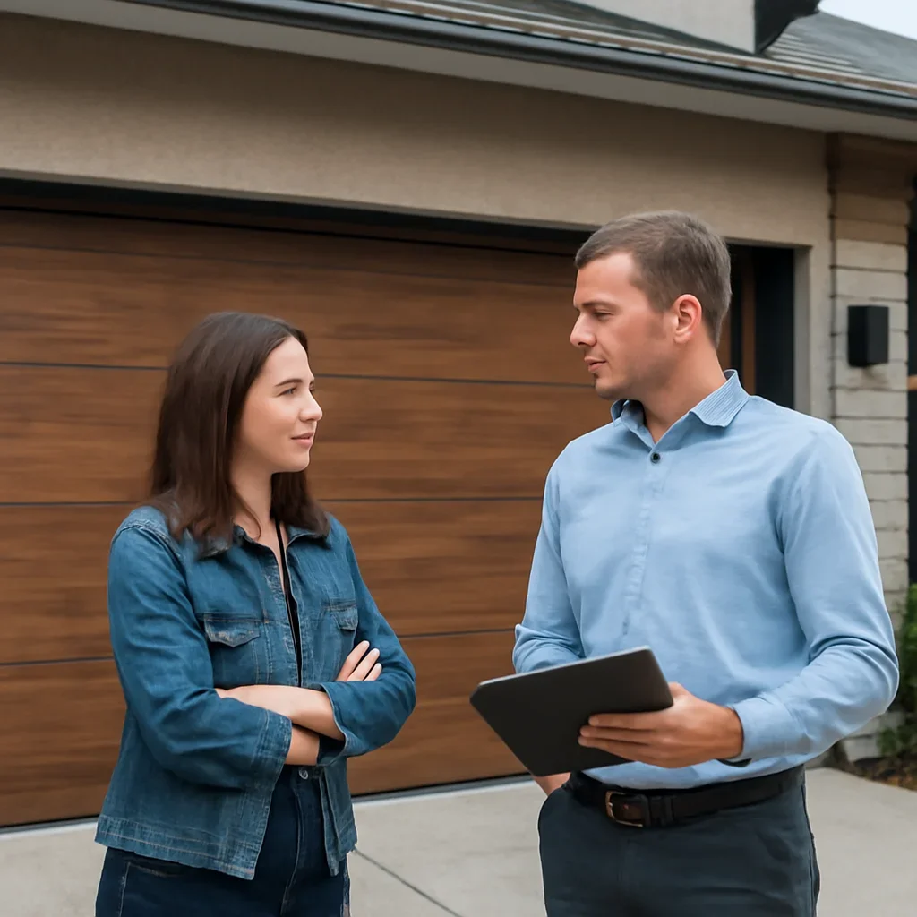 Pacific Douglas homeowner discussing garage door repair and upgrade options with a Surrey technician