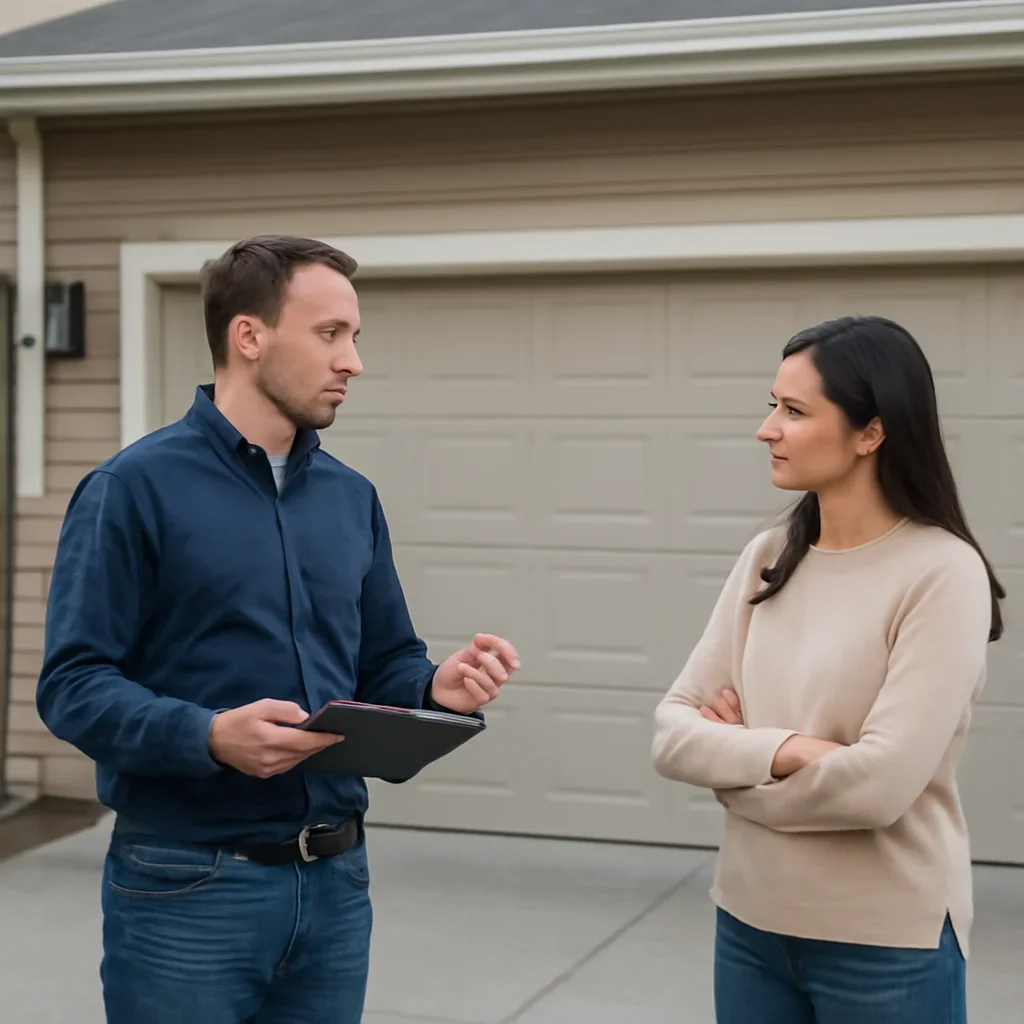 Panorama Ridge homeowner discussing garage door repair and installation options