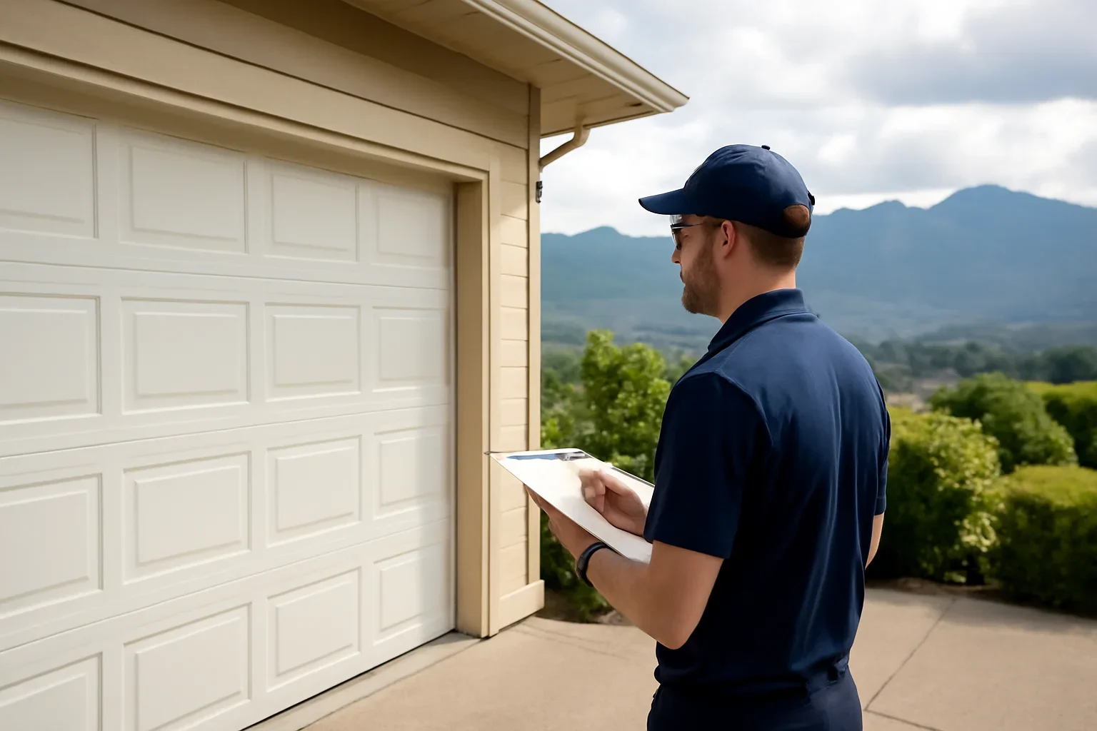 Garage door technician assessing a garage door repair issue in Panorama Ridge Surrey