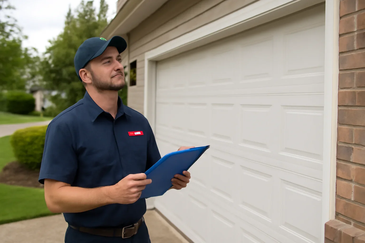 Technician reviewing a commercial garage door problem at a Port Kells Surrey property