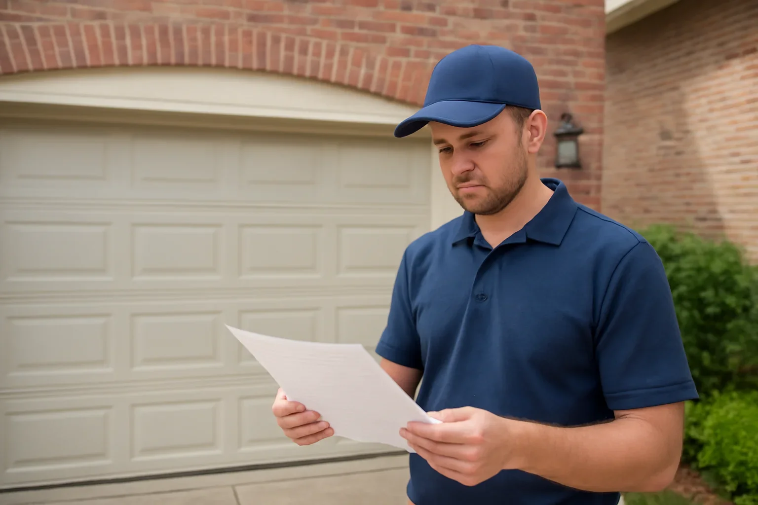 Garage door technician reviewing repair scope and pricing factors for a Surrey property