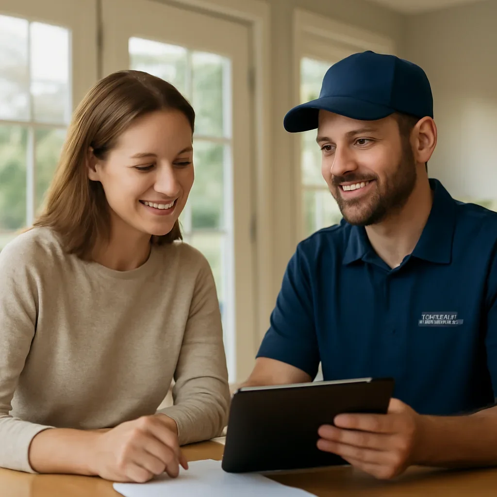 Homeowner reviewing garage door service options with a local specialist in Surrey
