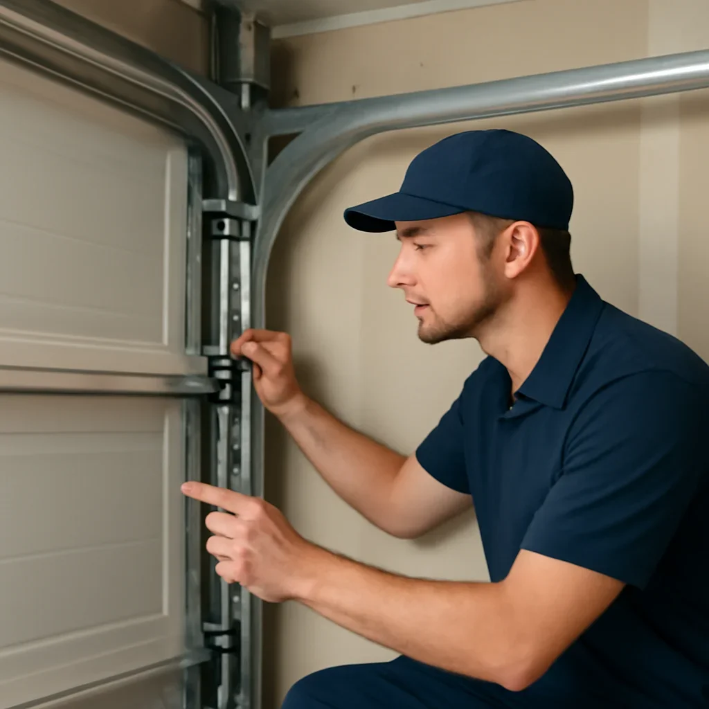 Garage door technician inspecting parts and operation for Questions to Ask a Garage Door Technician in Surrey
