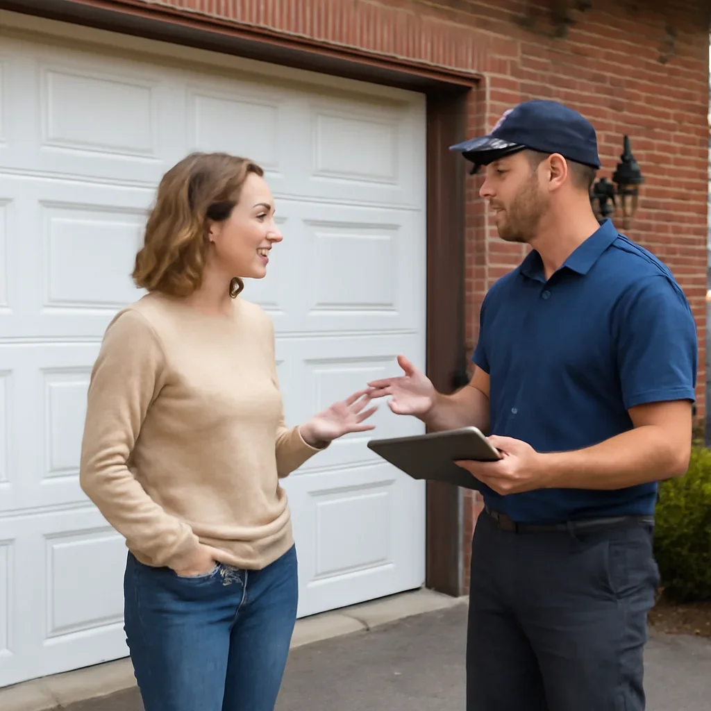 Surrey homeowner discussing a residential garage door repair request