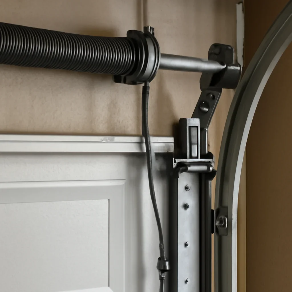 Residential garage door hardware being inspected during a Surrey repair assessment