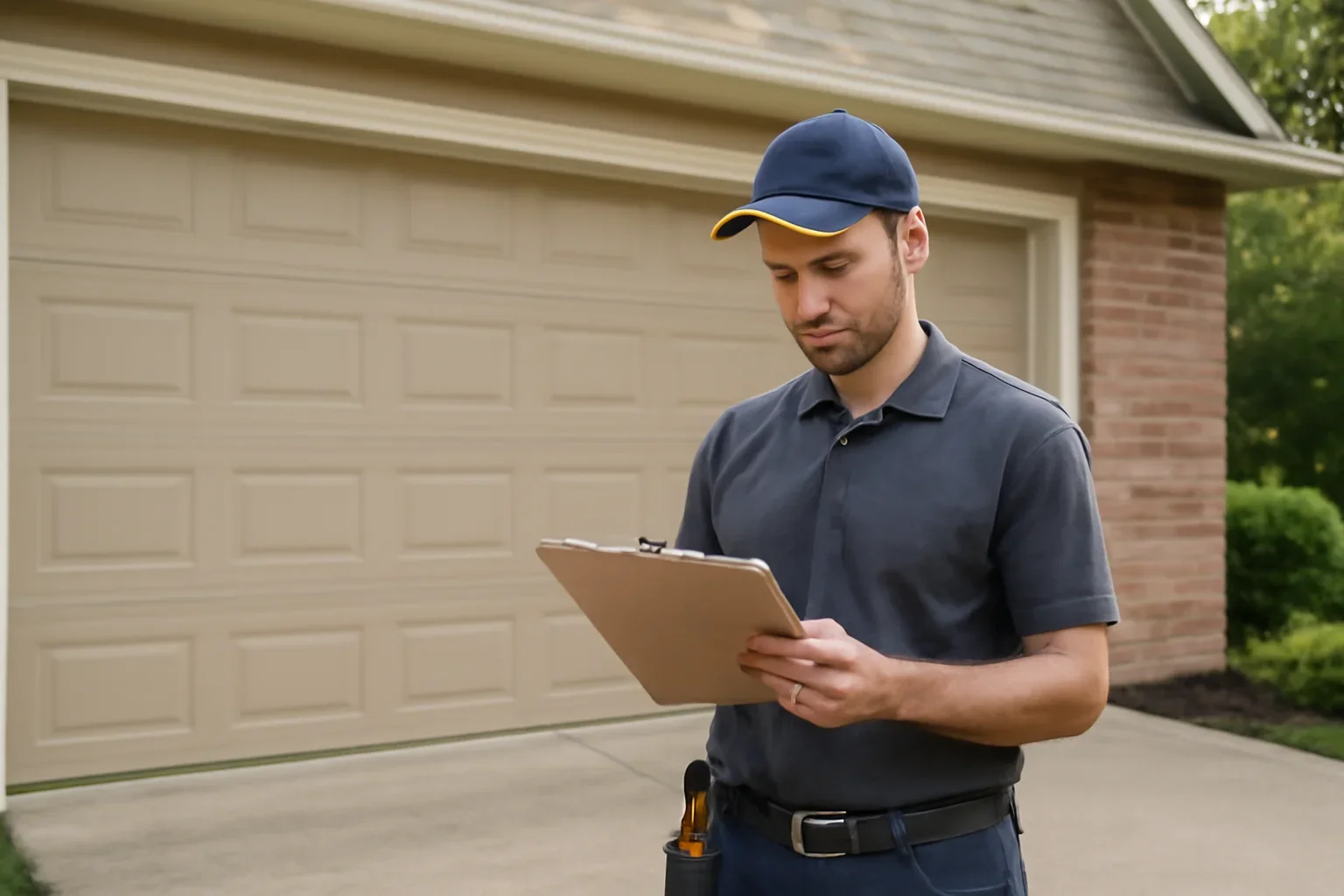 Technician assessing a residential garage door repair problem at a Surrey home