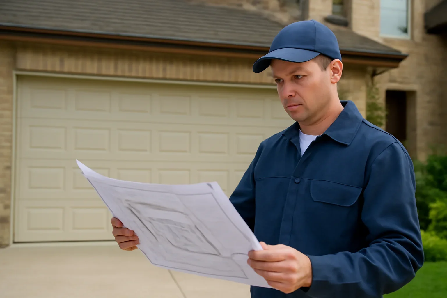Garage door technician reviewing a residential garage door in Royal Heights Surrey