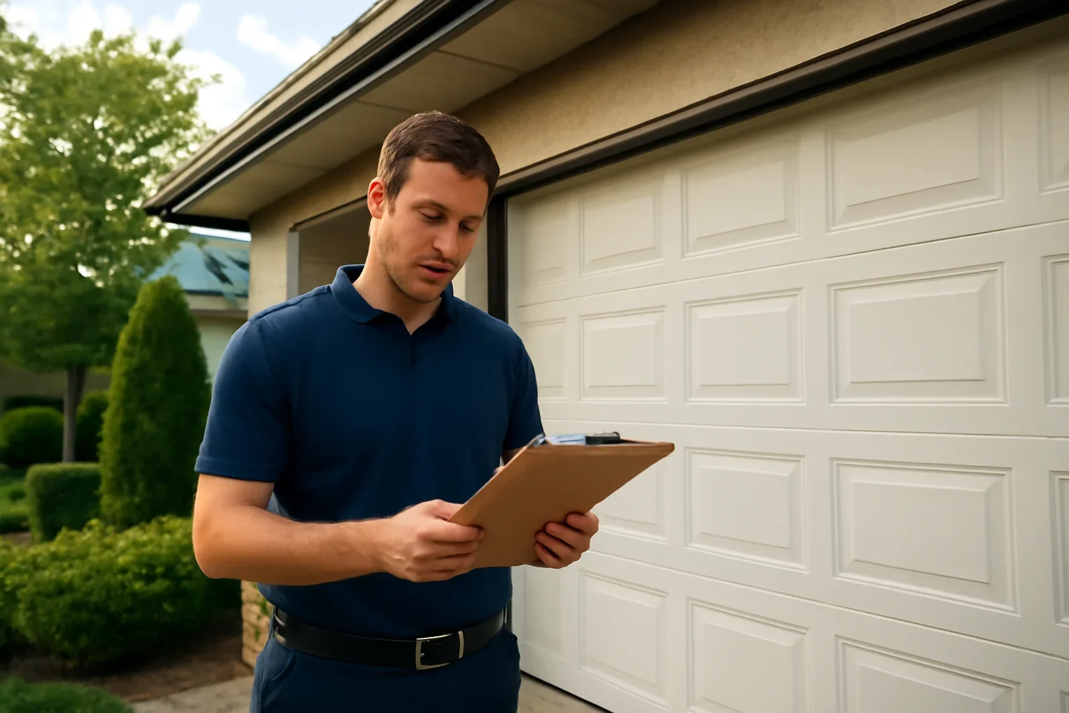 Technician assessing a garage door repair problem at a Semiahmoo property in Surrey