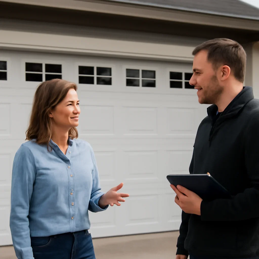 South Surrey property owner discussing the next step for garage door repair