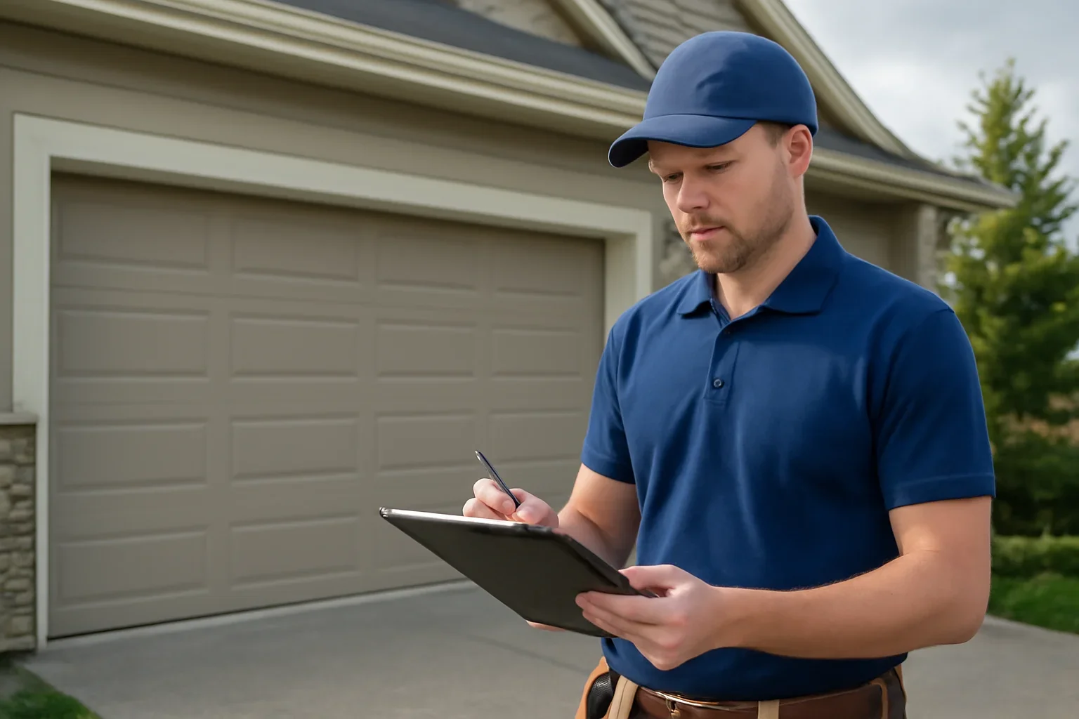 Technician assessing a garage door repair problem at a South Surrey property