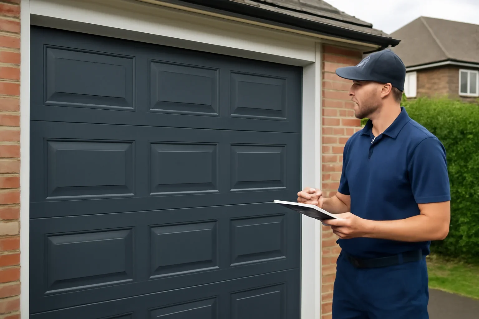 Garage door technician reviewing a commercial garage door in South Westminster Surrey