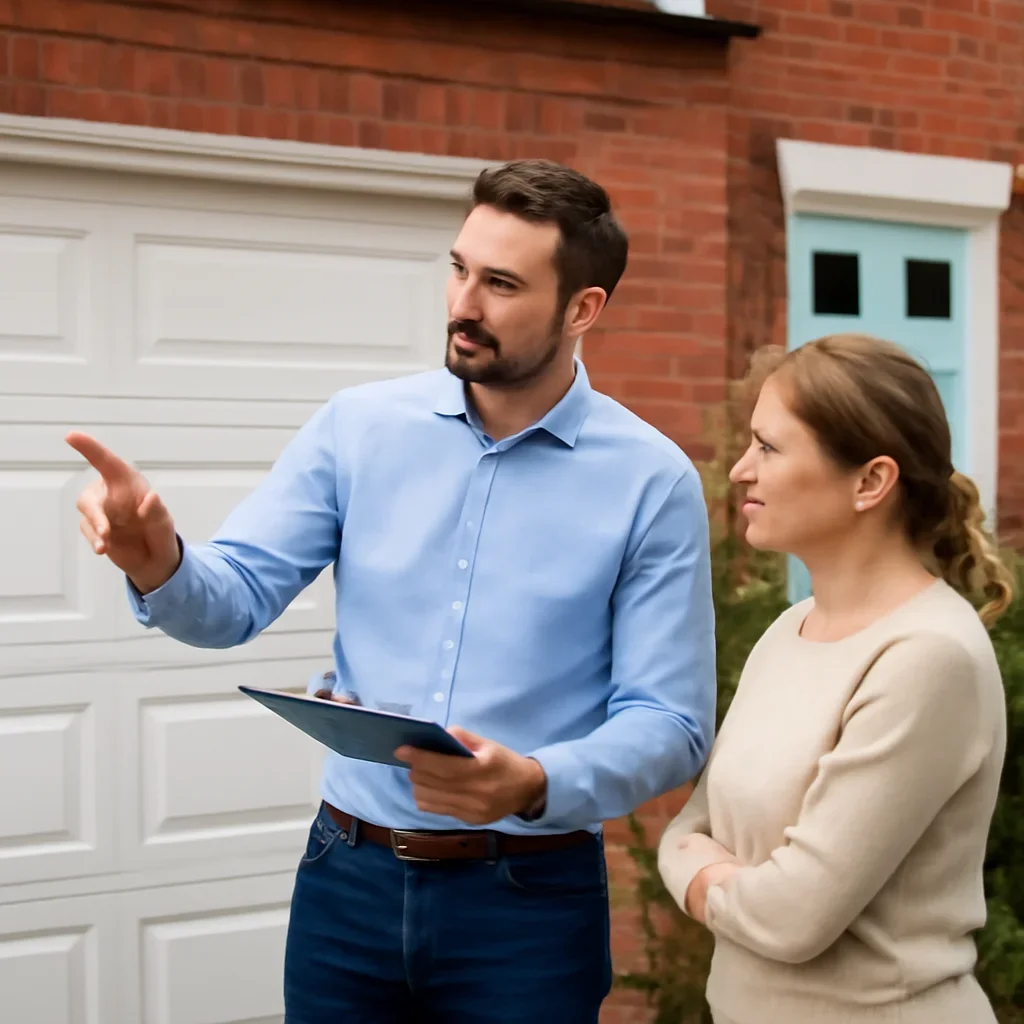 Property owner discussing garage door repair in Strawberry Hill Surrey