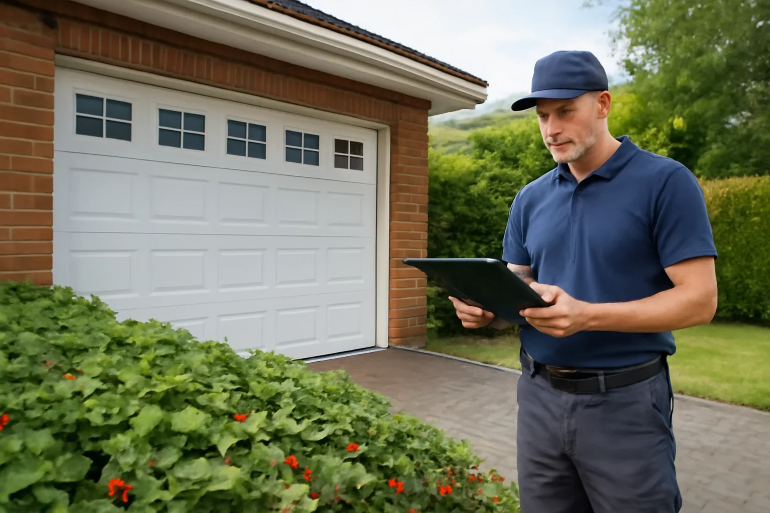 Garage door technician inspecting a residential garage door in Strawberry Hill Surrey