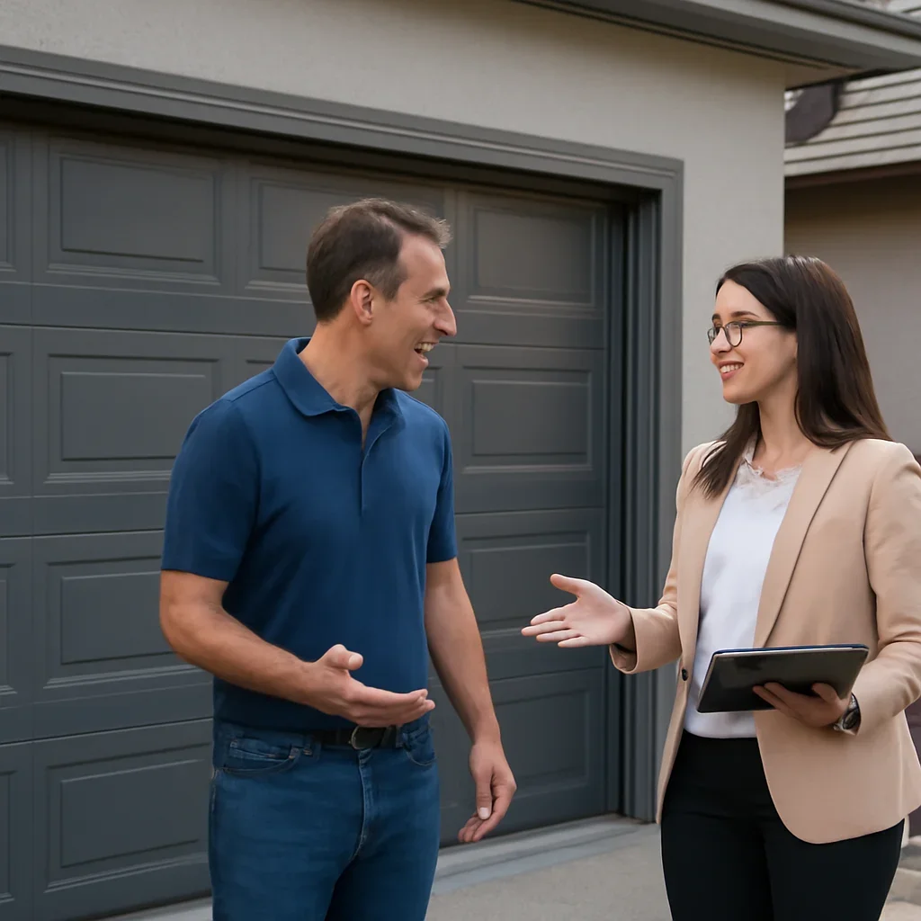 Homeowner discussing garage door repair service for a Sullivan Station Surrey property