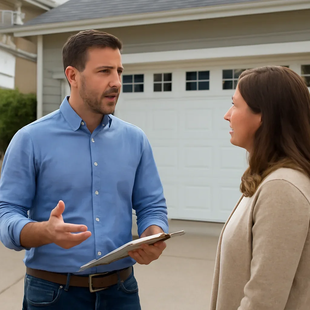 Homeowner discussing garage door repair for a Sunnyside Surrey property