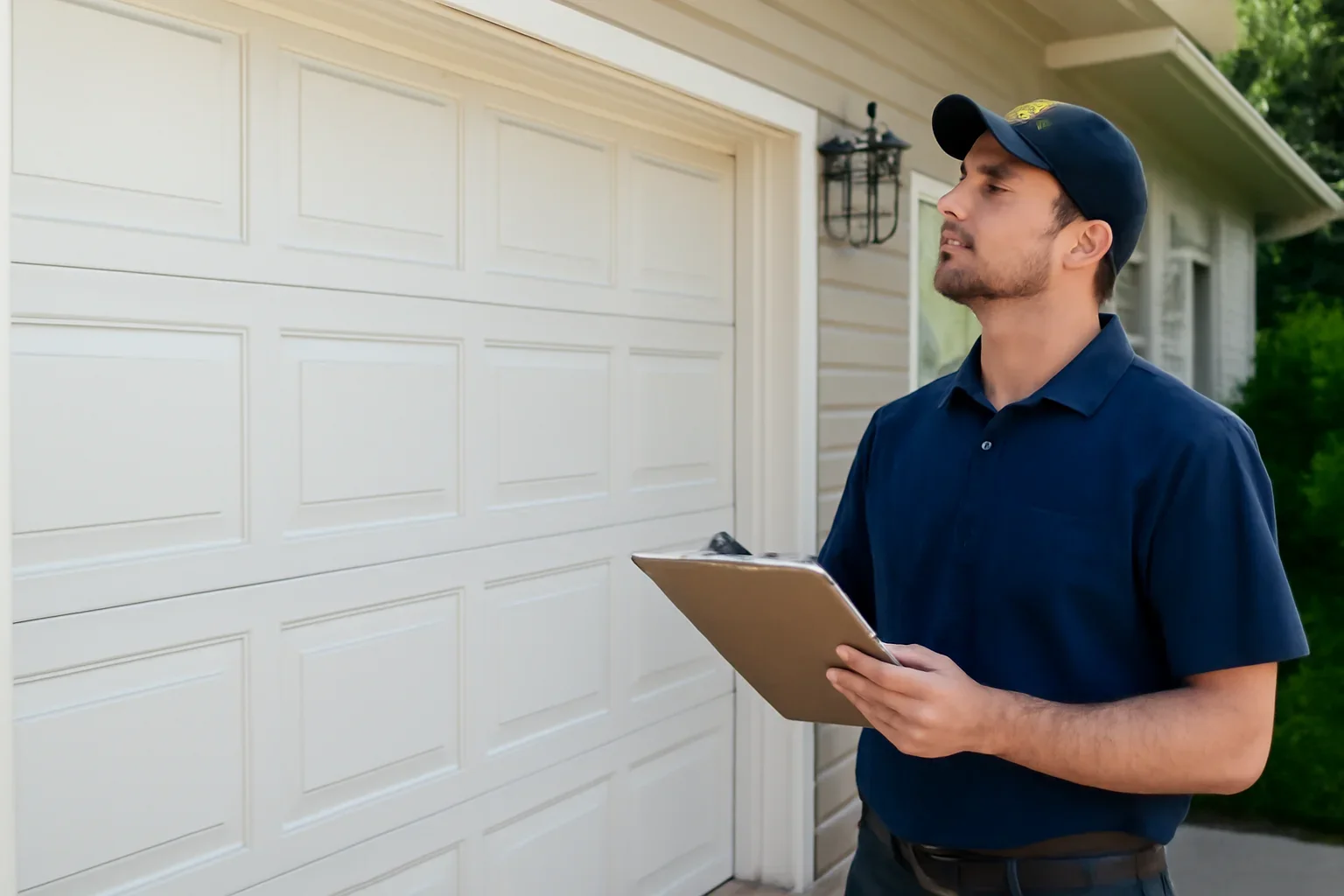 Garage door technician reviewing a residential garage door in Sunnyside Surrey