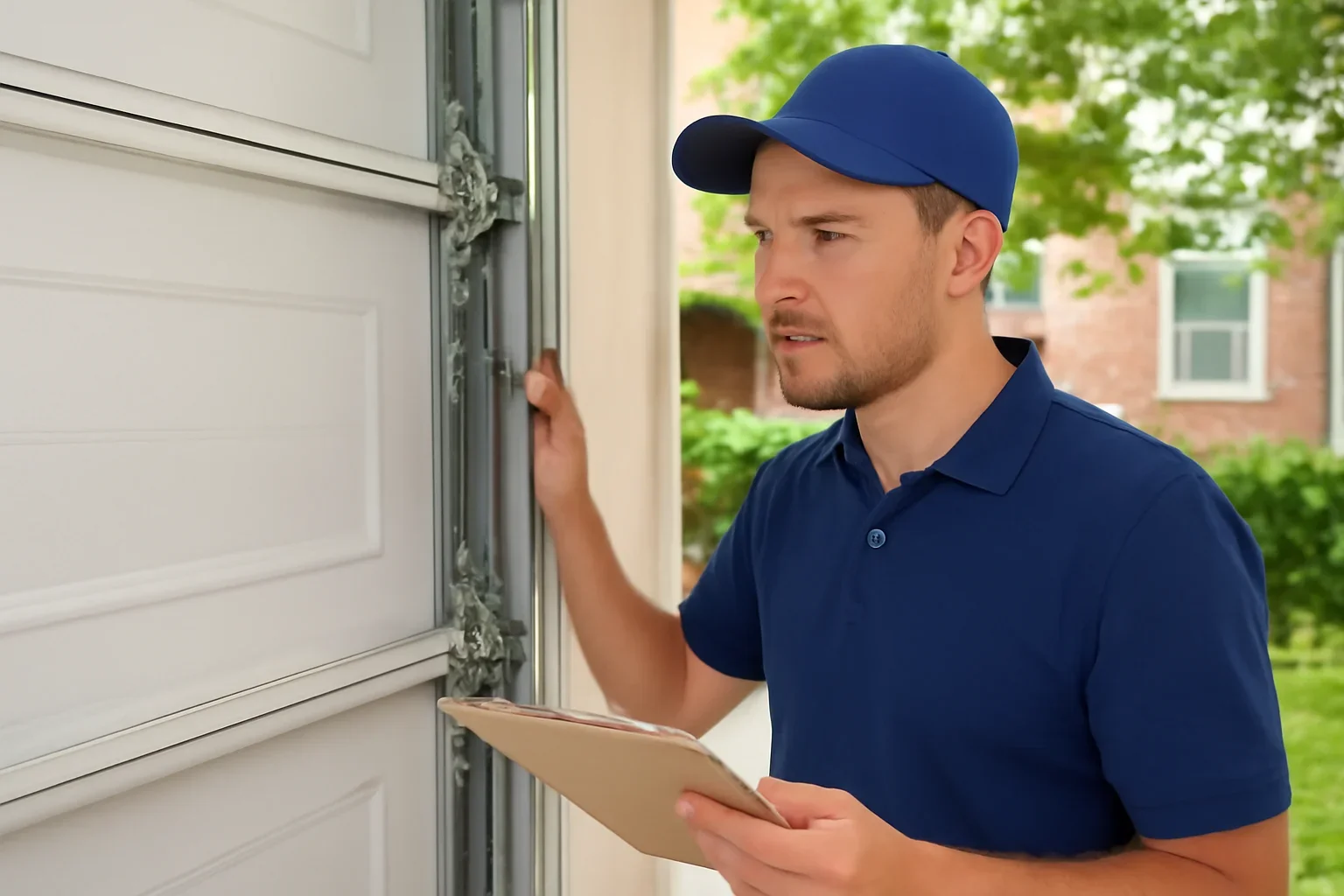 Garage door technician inspecting a residential garage door in Surrey