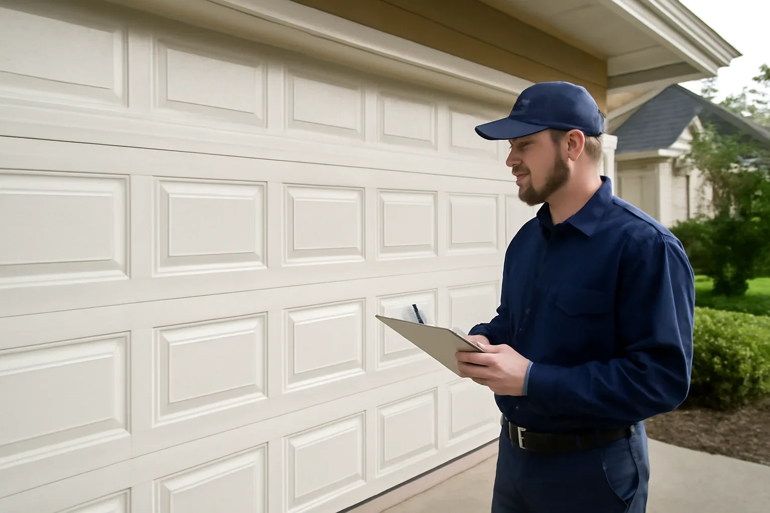 Garage door technician assessing a residential garage door in West Cloverdale, Surrey