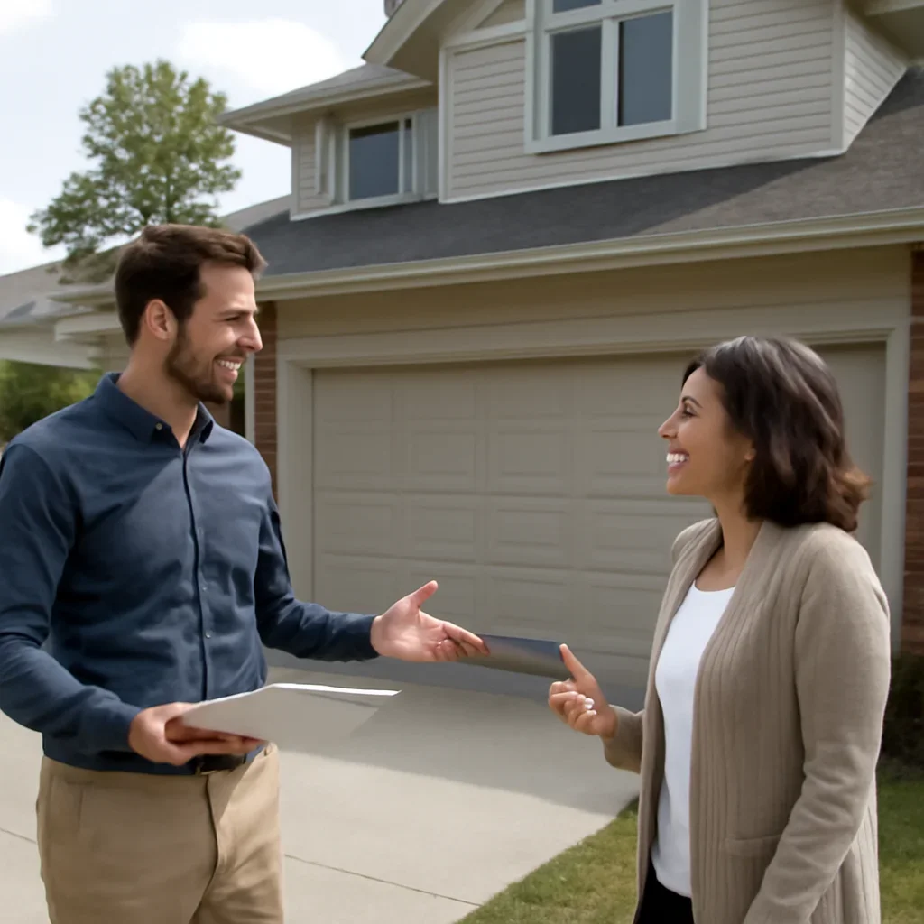Property owner or manager discussing garage door repair in Whalley and Surrey City Centre